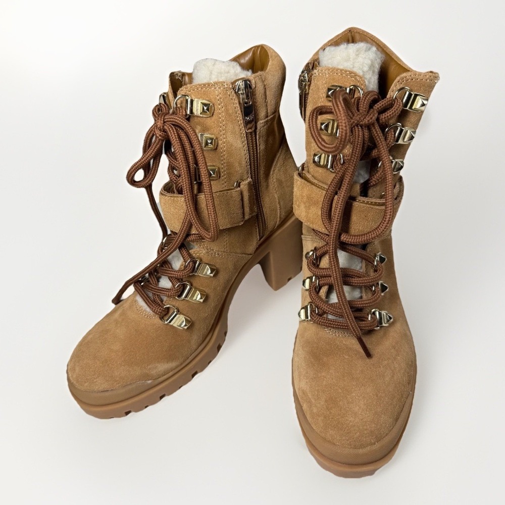 Marc Fisher Women's Tan Suede Fur Lined Lace Up Block Heel Combat Boots Size 7M